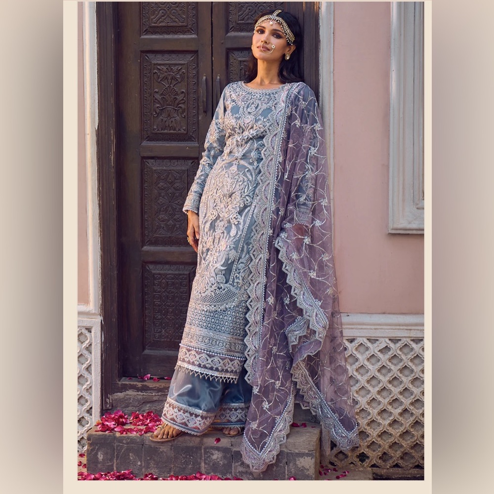 Elegant Dusty Lavender Embroidered Bridal Dress with Sheer Dupatta